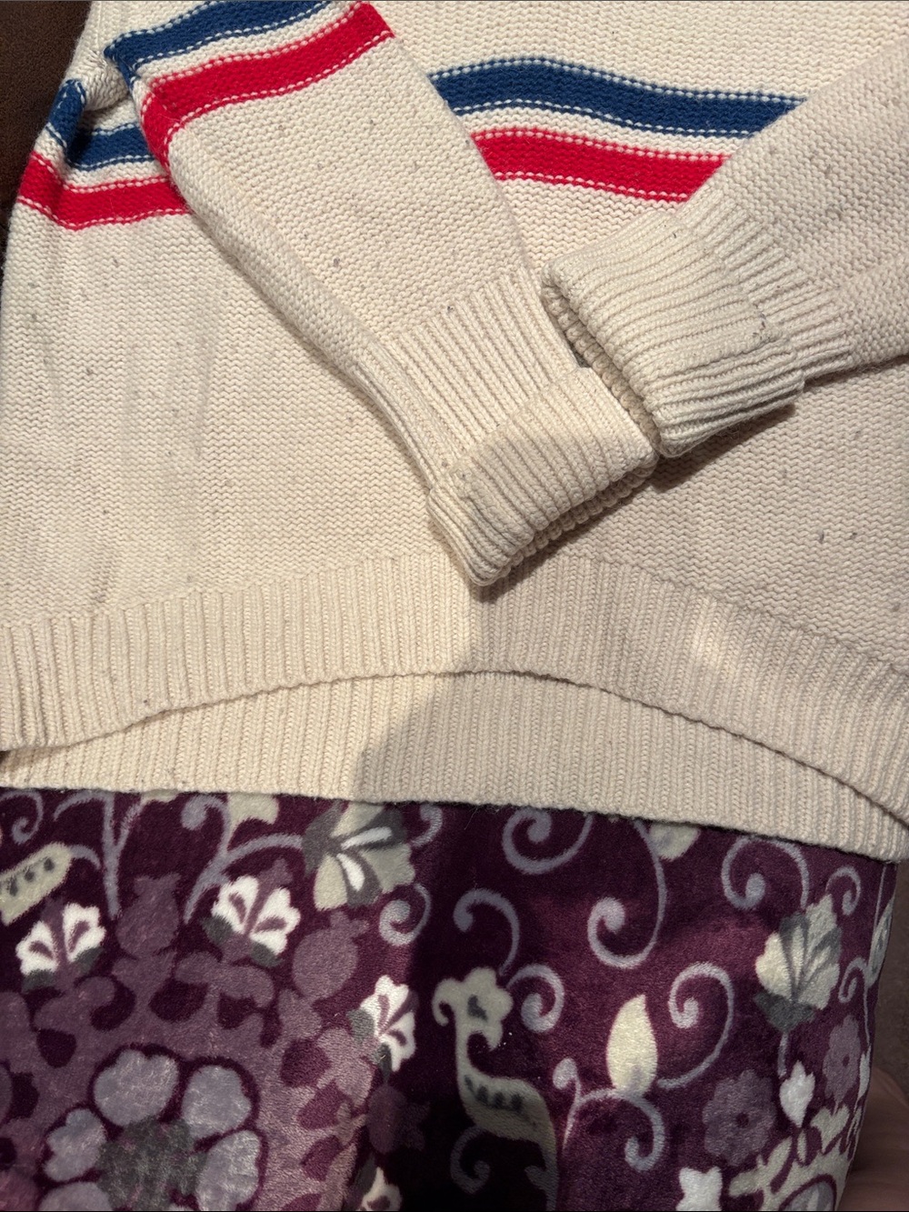 Roots Women’s Cream V-Neck Sweater with Blue and Red Stripes - Picture 4 of 4